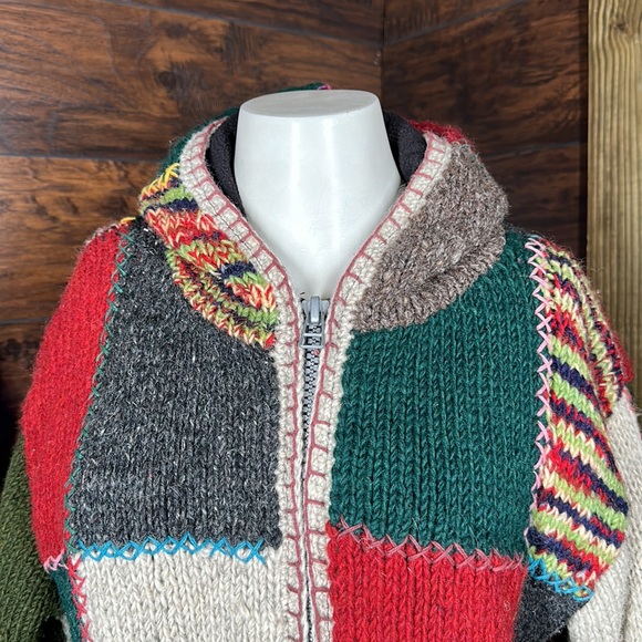 Patchwork boho hippie festival Wool Sweater jacket Chunky Knit Nepal small - Picture 2 of 11
